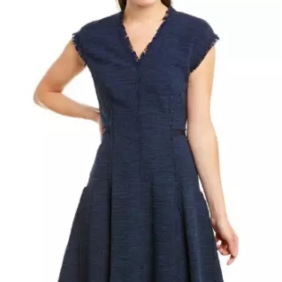 Rebecca Taylor Dresses & Skirts - Rebecca Taylor Navy Blue V-Neck Fringe Raw Edge Trim Tweed Fit Flare Dre…